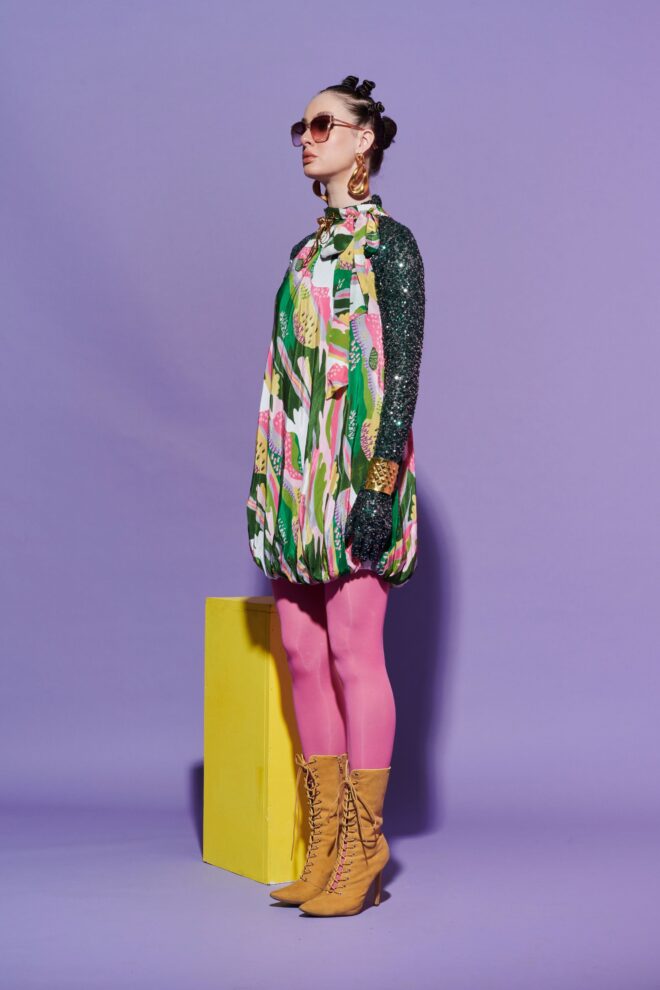 Bubble Hem Scenery Dress with Sequin Glove Crop Top