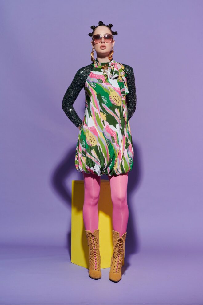 Bubble Hem Scenery Dress with Sequin Glove Crop Top