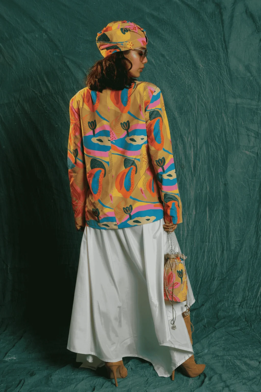 Croissant Print Embroidered Blazer & Cowl Skirt Set