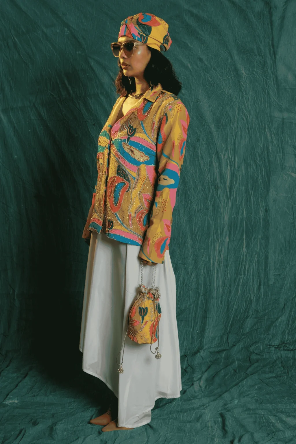 Croissant Print Embroidered Blazer & Cowl Skirt Set