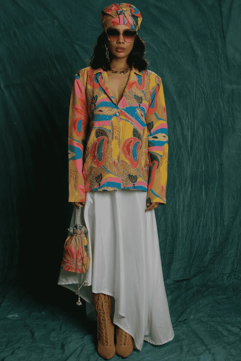 Croissant Print Embroidered Blazer & Cowl Skirt Set