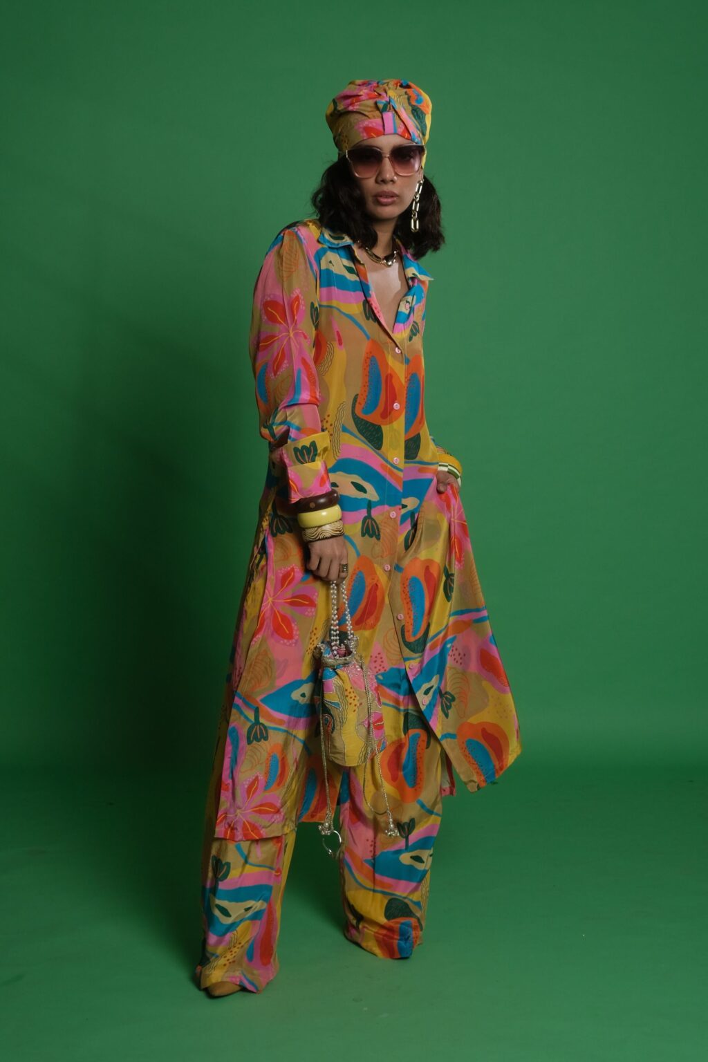 Croissant Print Shirt Kurta with Matching Palazzo Pants Front