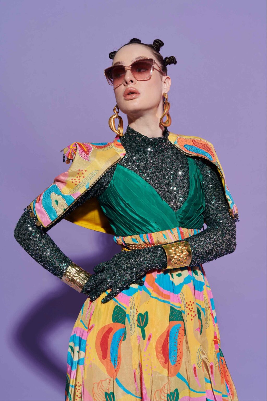 Dark Green Croissant Print Dress with Quilted Jacket & Sequin Glove Top