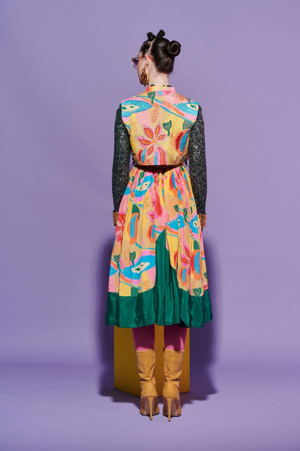 Dark Green Croissant Print Dress with Quilted Jacket & Sequin Glove Top
