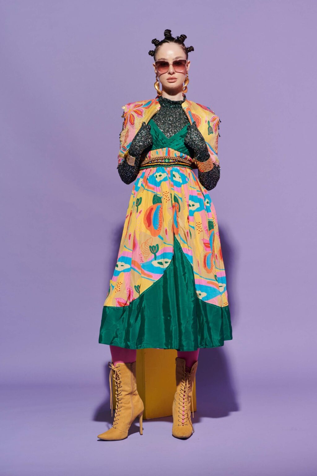 Dark Green Croissant Print Dress with Quilted Jacket & Sequin Glove Top