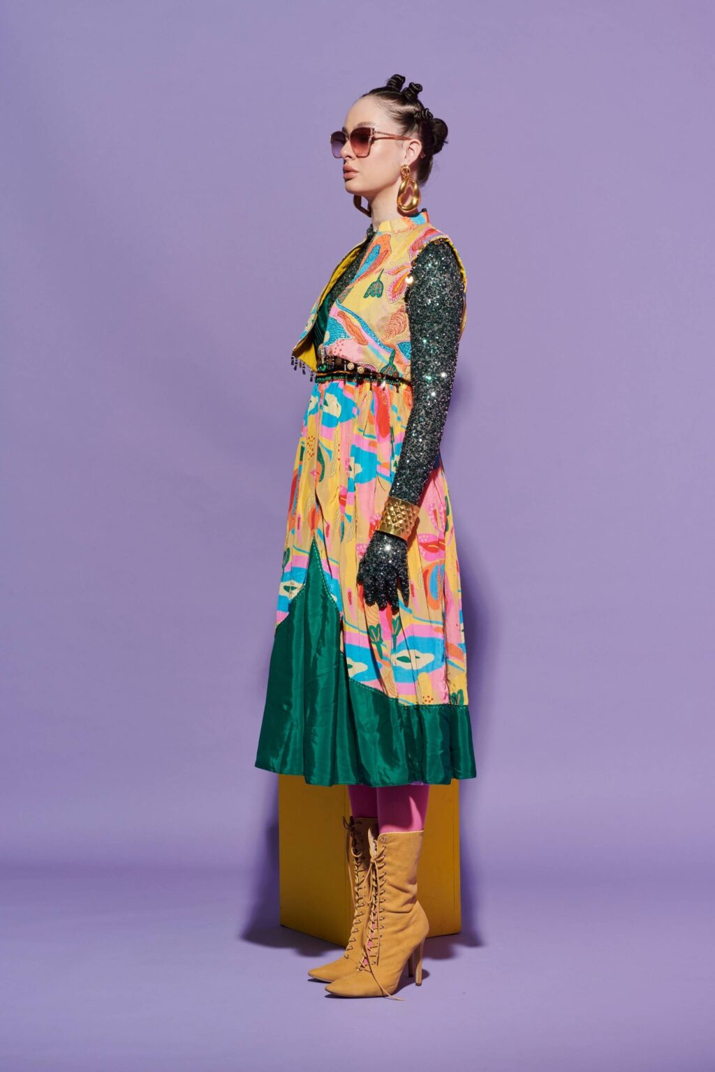 Dark Green Croissant Print Dress with Quilted Jacket & Sequin Glove Top