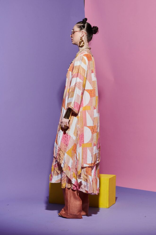 Double-Layered Anarkali Kurta in Geometric Print with Straight Peach Pink Pants