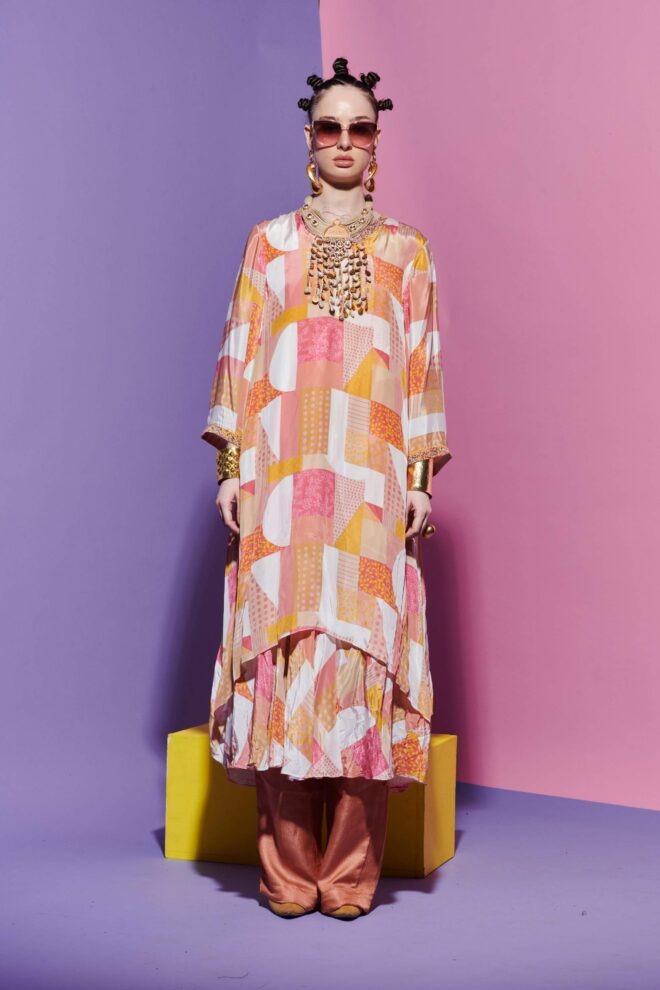 Double-Layered Anarkali Kurta in Geometric Print with Straight Peach Pink Pants