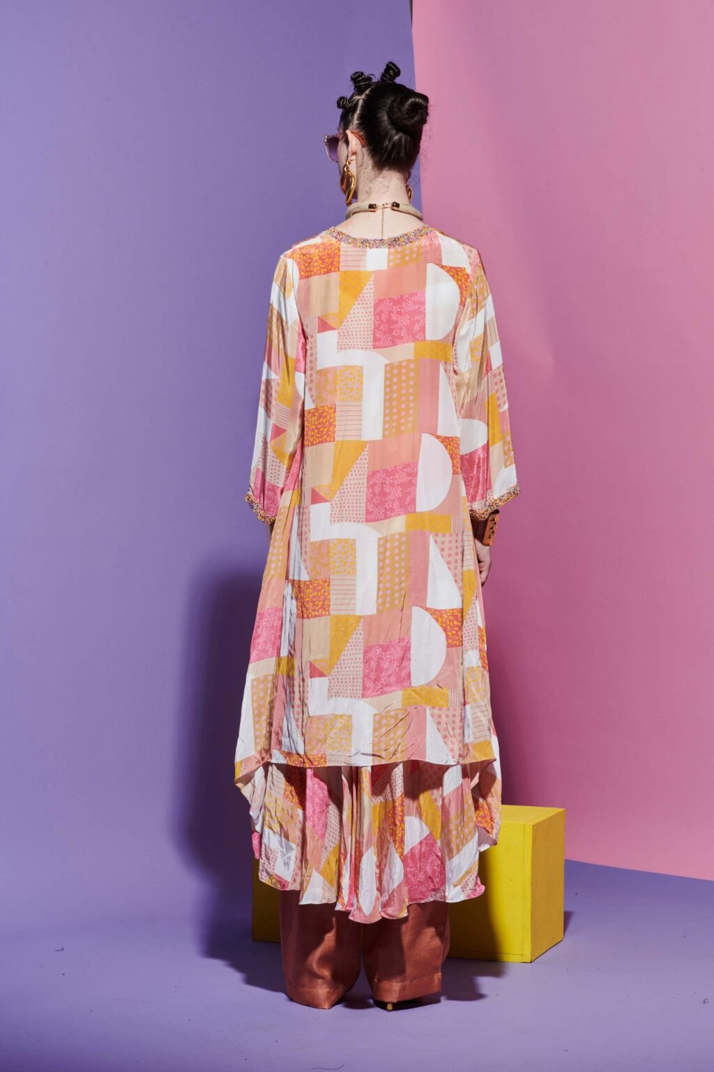 Double-Layered Anarkali Kurta in Geometric Print with Straight Peach Pink Pants