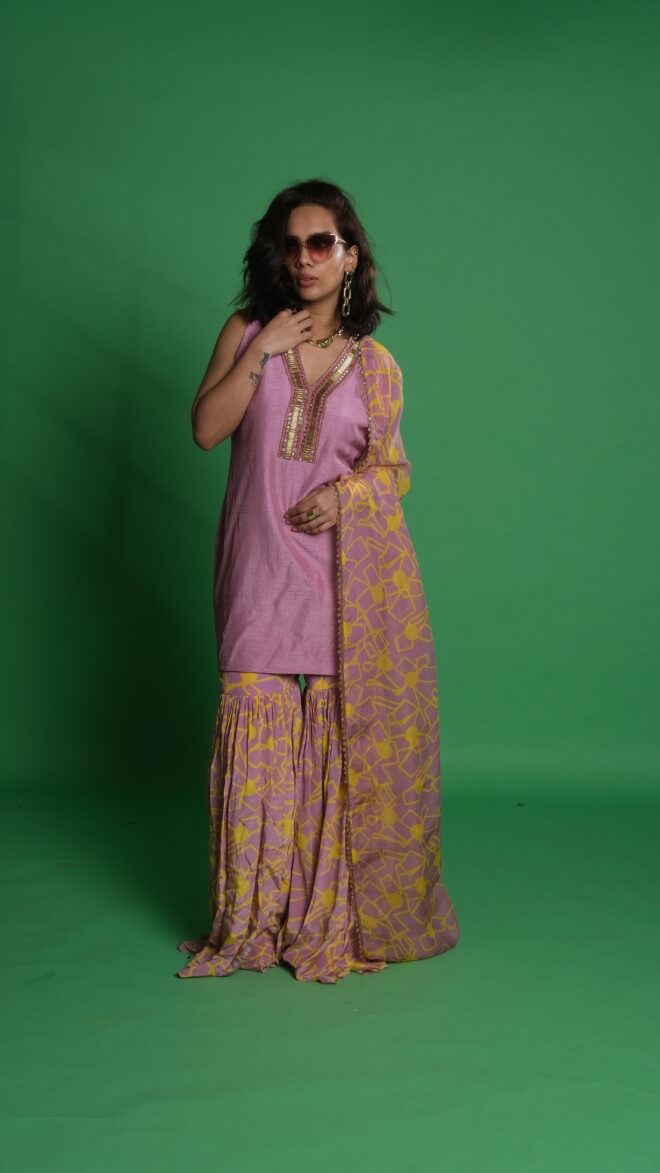 Fan Print Sharara Set with Lavender Kurta & Dupatta