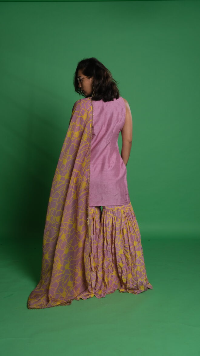Fan Print Sharara Set with Lavender Kurta & Dupatta