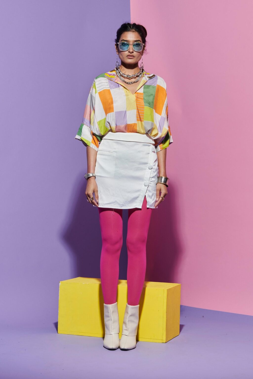 Embroidered Collar Square Print Top