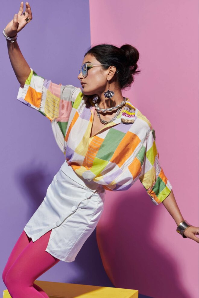 Embroidered Collar Square Print Top