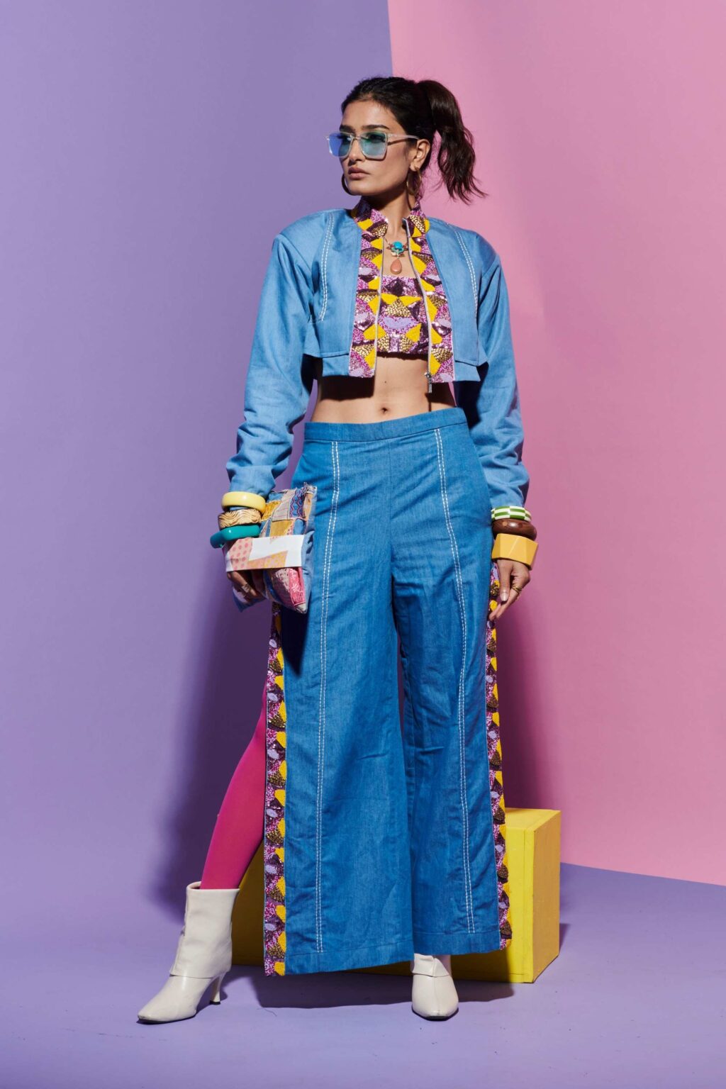 Embroidered Denim Jacket, Pants & Tube Bralette Set