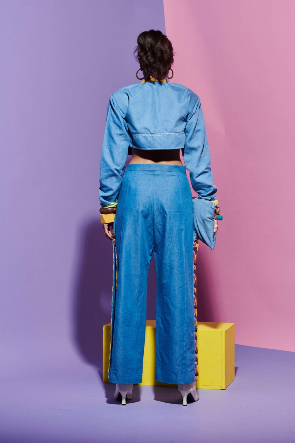 Embroidered Denim Jacket, Pants & Tube Bralette Set