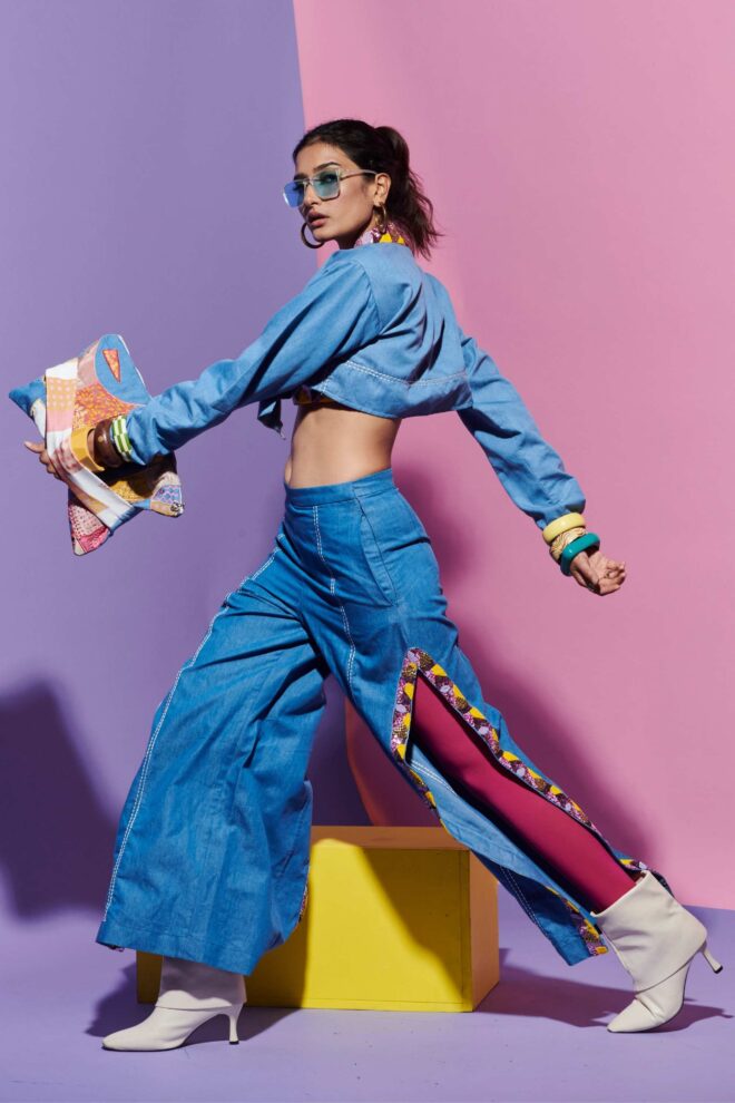 Embroidered Denim Jacket, Pants & Tube Bralette Set