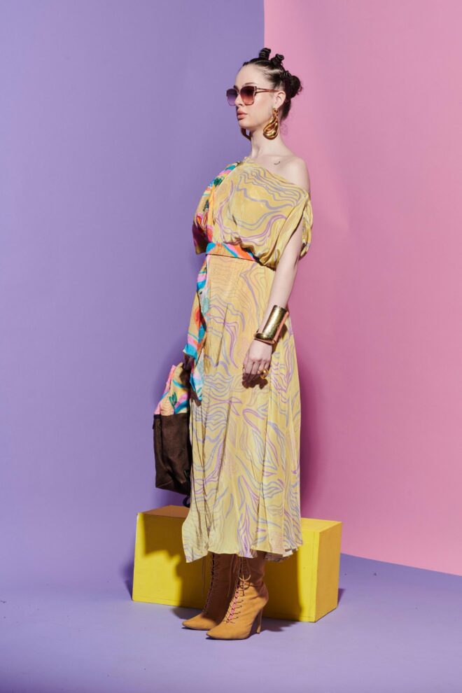 Embroidered Lapel Scarf Dress in Amoeba and Croissant Print