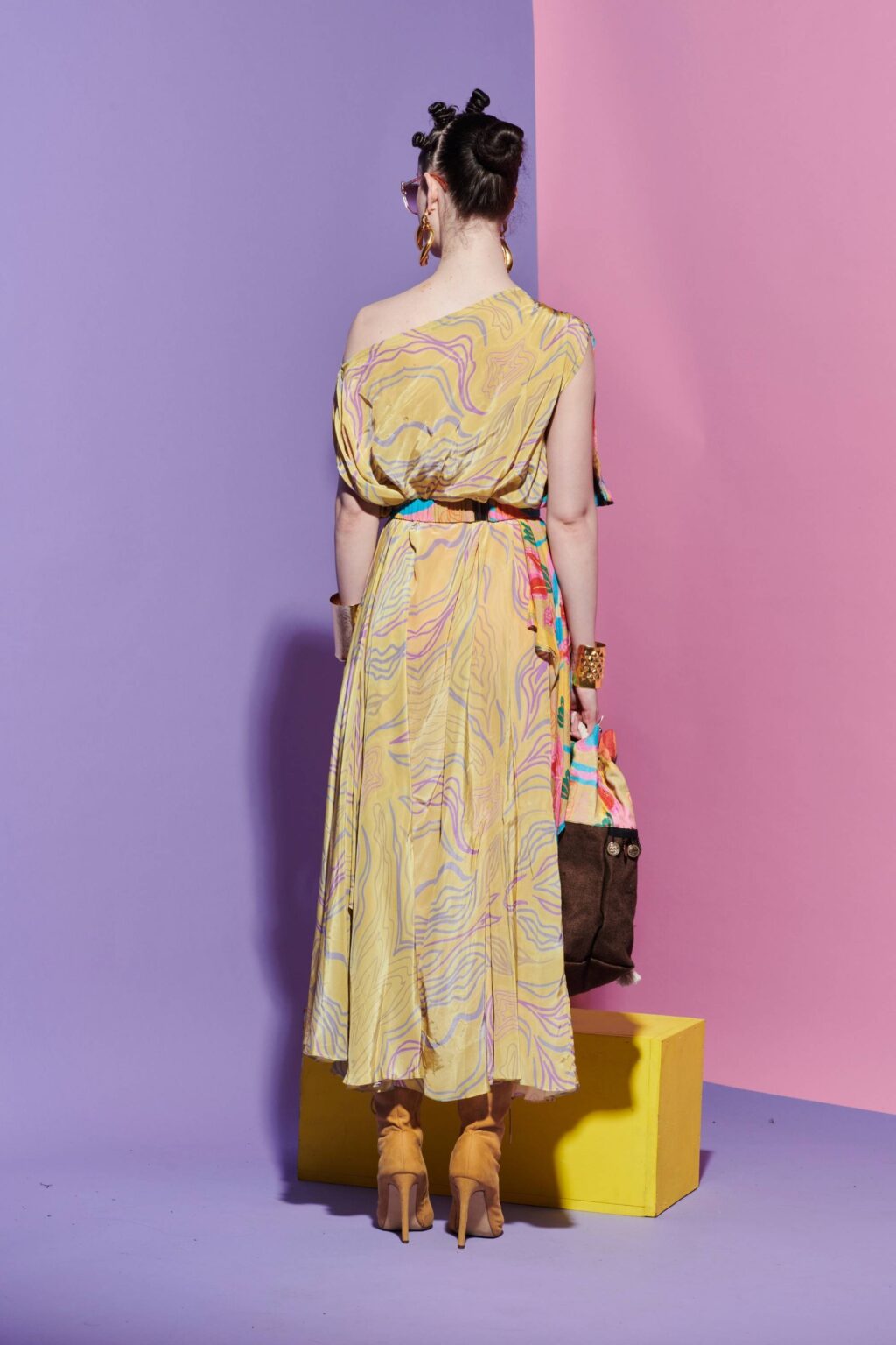 Embroidered Lapel Scarf Dress in Amoeba and Croissant Print