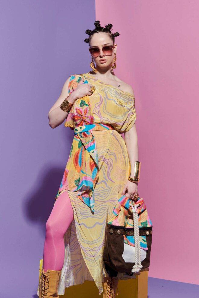 Embroidered Lapel Scarf Dress in Amoeba and Croissant Print