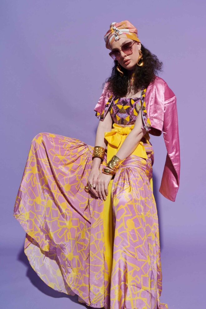 Fan Print Asymmetric Turtleneck Shirt & Sharara Pants Set