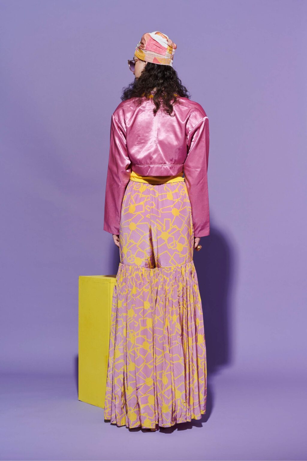 Fan Print Asymmetric Turtleneck Shirt & Sharara Pants Set