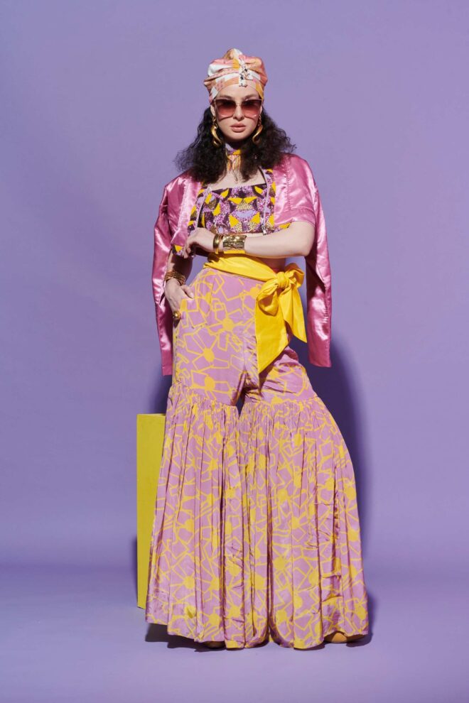 Fan Print Asymmetric Turtleneck Shirt & Sharara Pants Set