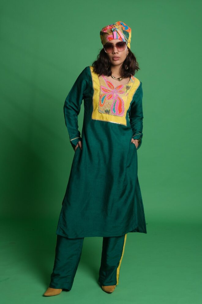 Green Croissant Print Kurta Set with Palazzo and Matching Turban
