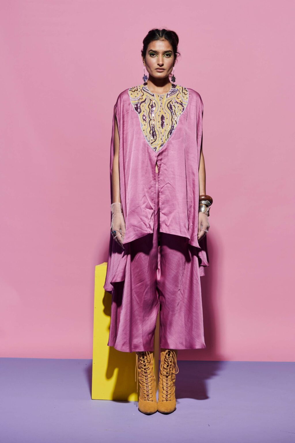 Lavender Kurta Set with Embroidered Yoke in Amoeba Print + Palazzo Pants