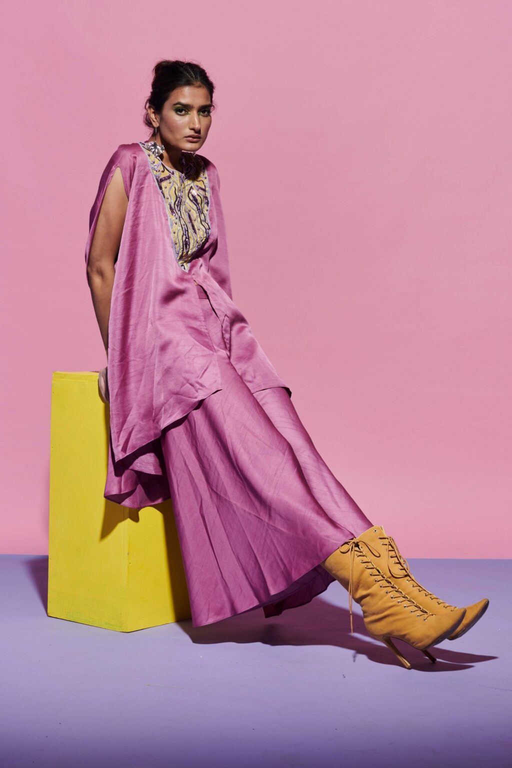 Lavender Kurta Set with Embroidered Yoke in Amoeba Print + Palazzo Pants