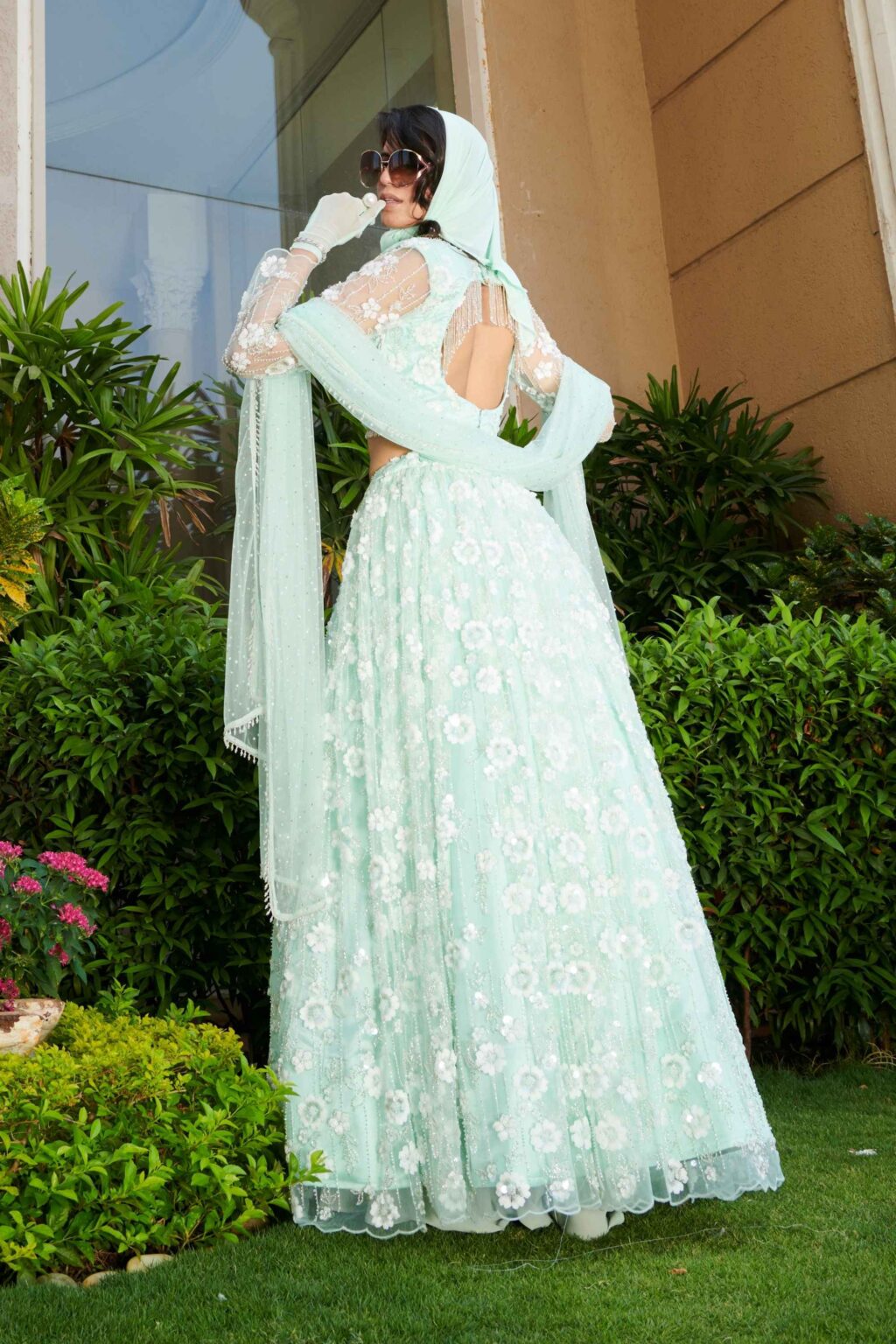 Mint Embroidered Blouse, Lehenga & Skirt Set
