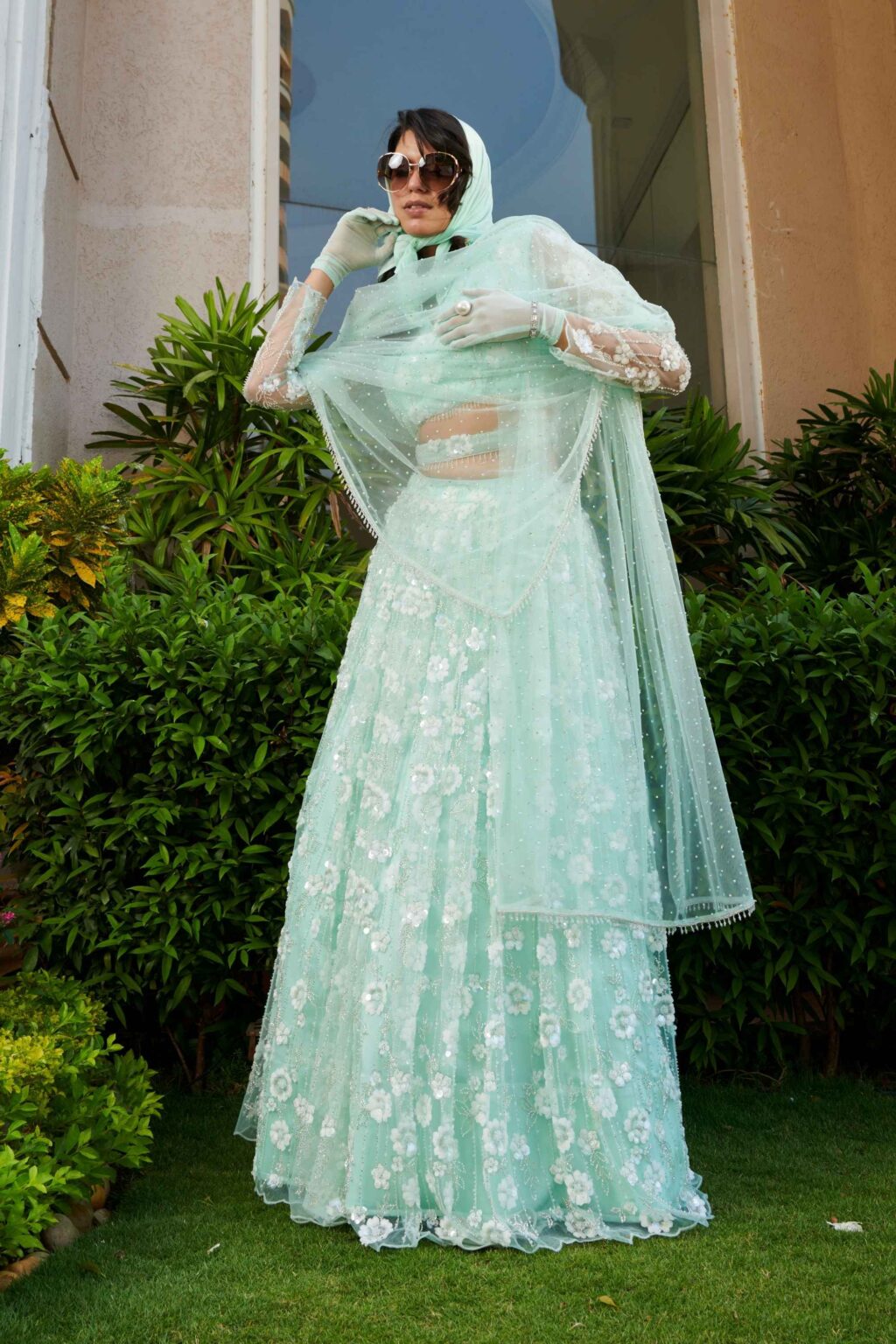 Mint Embroidered Blouse, Lehenga & Skirt Set