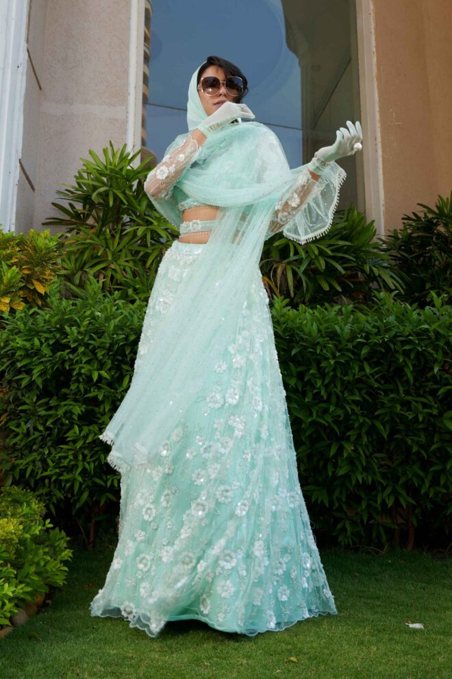Mint Embroidered Blouse, Lehenga & Skirt Set