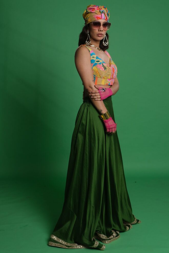 Plain Olive Green Lehenga Set with Croissant Embroidered Blouse