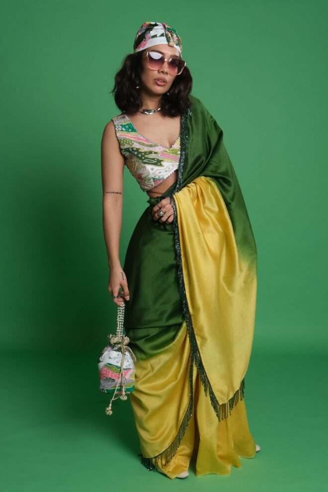 Ombre Saree with Scenery Embroidered Blouse & Matching Potli Bag