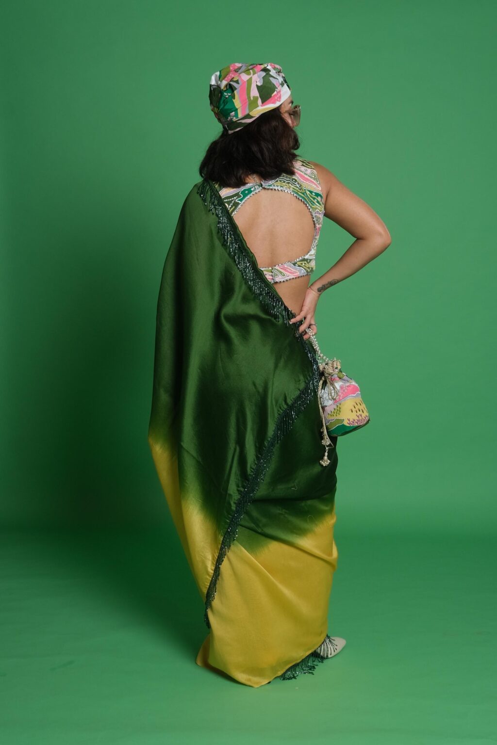 Ombre Saree with Scenery Embroidered Blouse & Matching Potli Bag