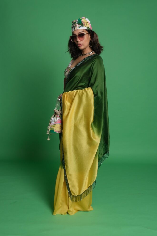Ombre Saree with Scenery Embroidered Blouse & Matching Potli Bag