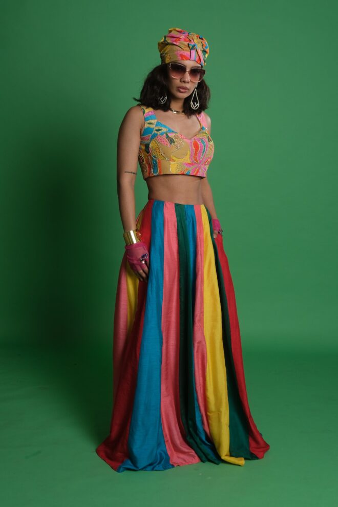 Panelled Multi Kali Lehenga with Croissant Embroidered Blouse