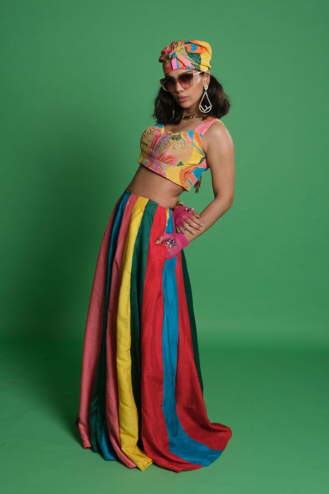 Panelled Multi Kali Lehenga with Croissant Embroidered Blouse