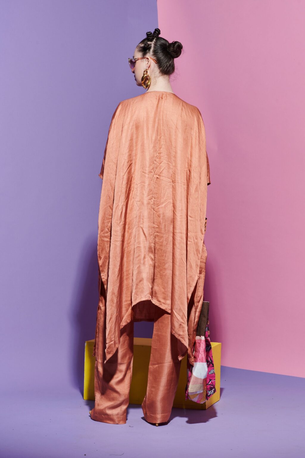 Peach Pink Kurta with Geometric Embroidered Yoke + Straight Pants