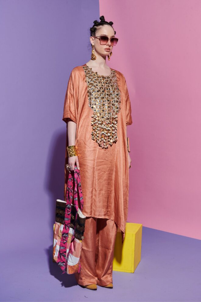 Peach Pink Kurta with Geometric Embroidered Yoke + Straight Pants