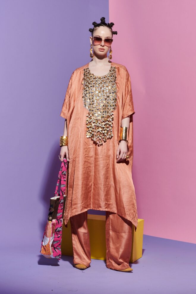 Peach Pink Kurta with Geometric Embroidered Yoke + Straight Pants