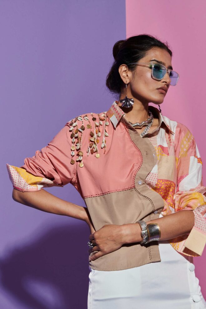 Wavy Placket Shirt in Multicolour & Geometric Print