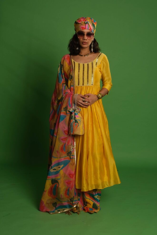 Yellow Embroidered Anarkali with Croissant Print Dupatta & Palazzo