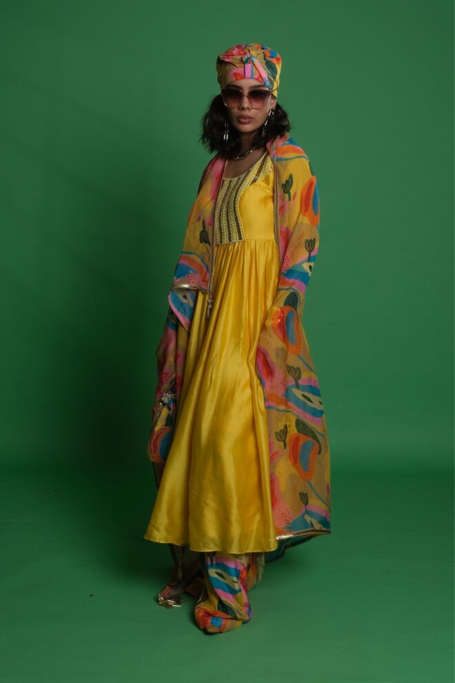 Yellow Embroidered Anarkali with Croissant Print Dupatta & Palazzo