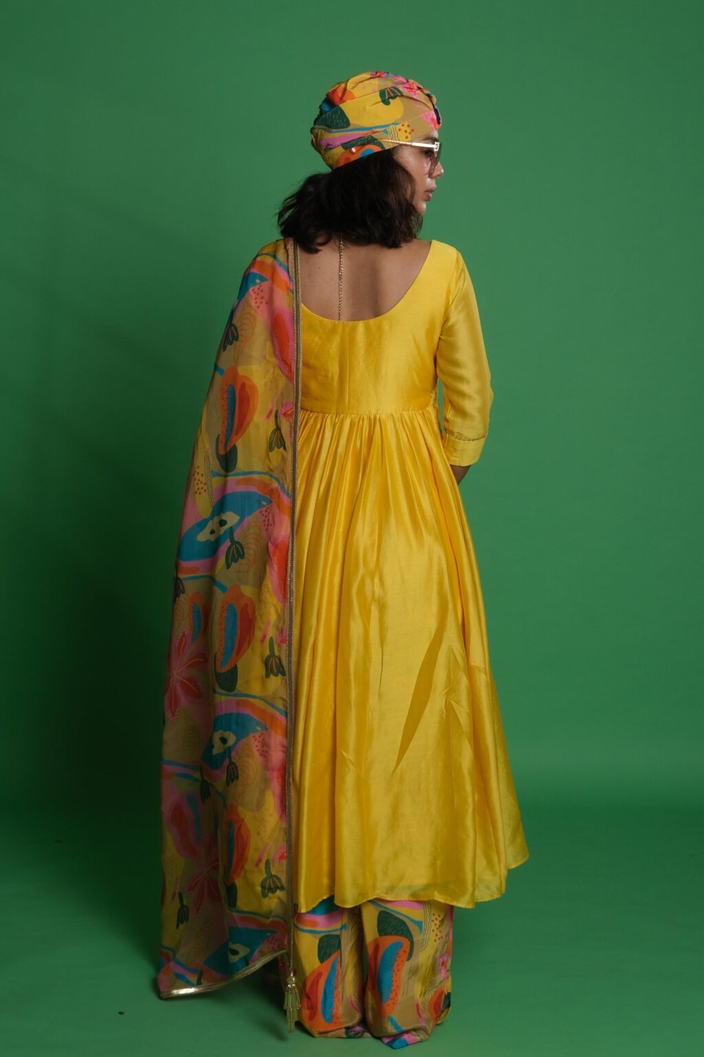 Yellow Embroidered Anarkali with Croissant Print Dupatta & Palazzo - Image 3