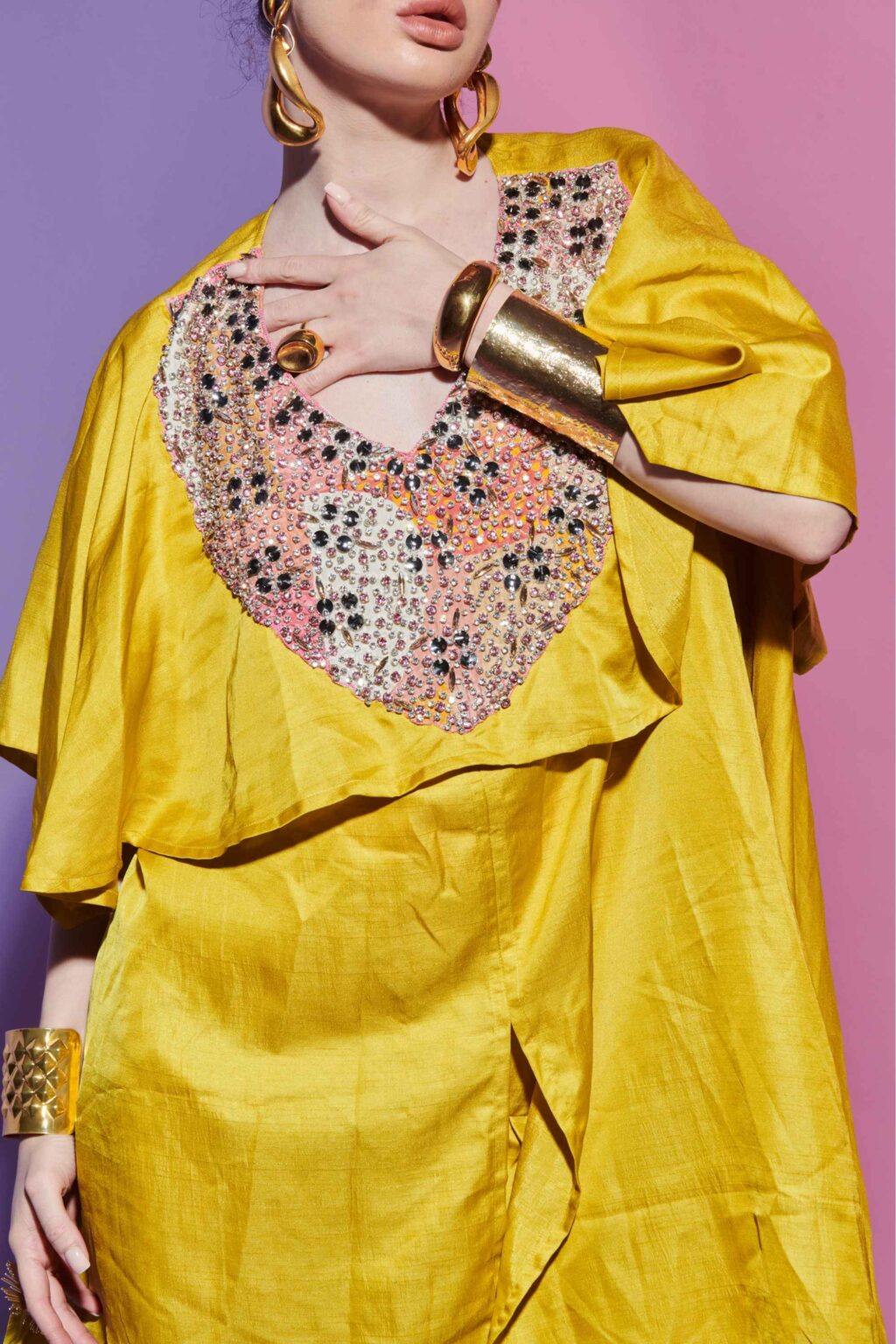 Yellow Kurta with Embroidered Yoke & Dhoti Set
