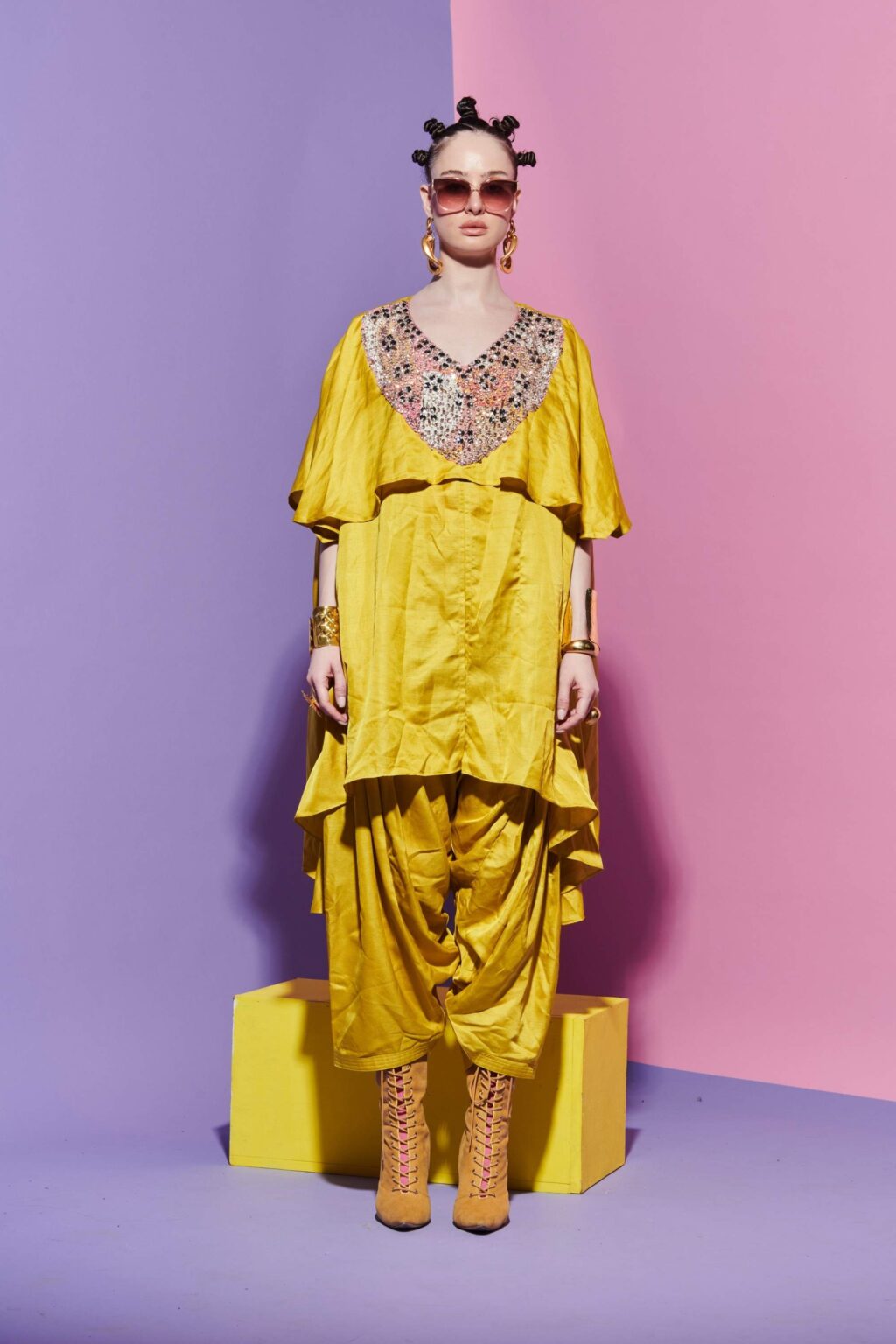 Yellow Kurta with Embroidered Yoke & Dhoti Set
