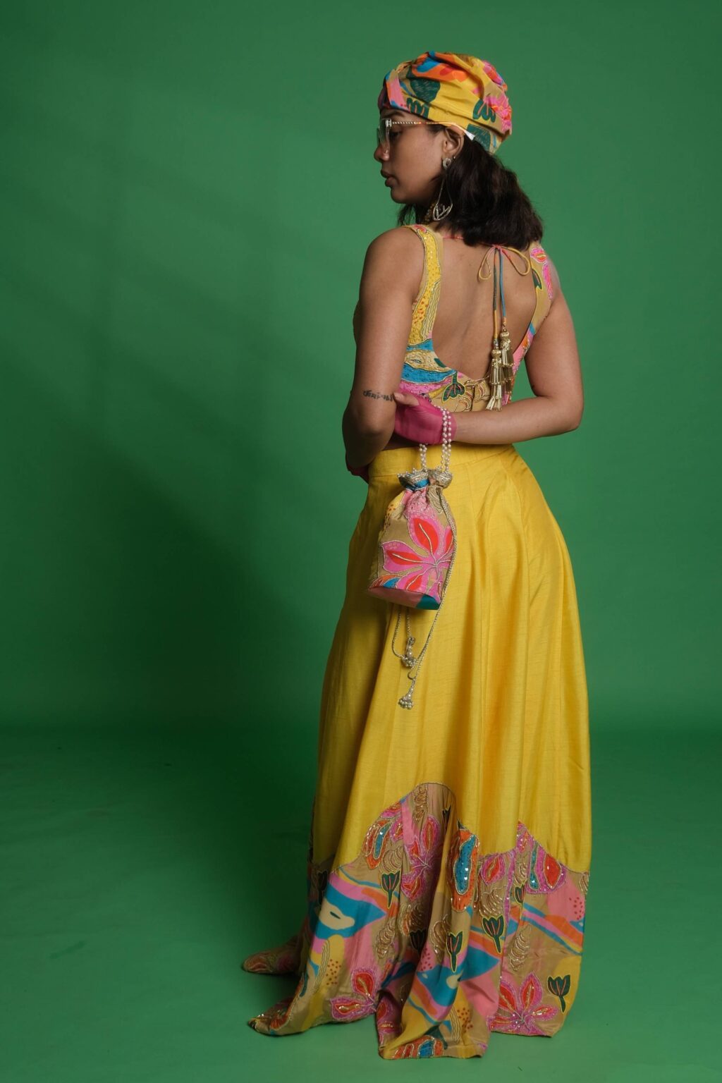 Yellow Lehenga Set with Croissant Embroidered Blouse & Potli