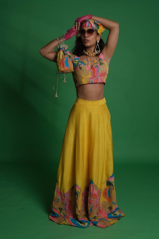 Yellow Lehenga Set with Croissant Embroidered Blouse & Potli
