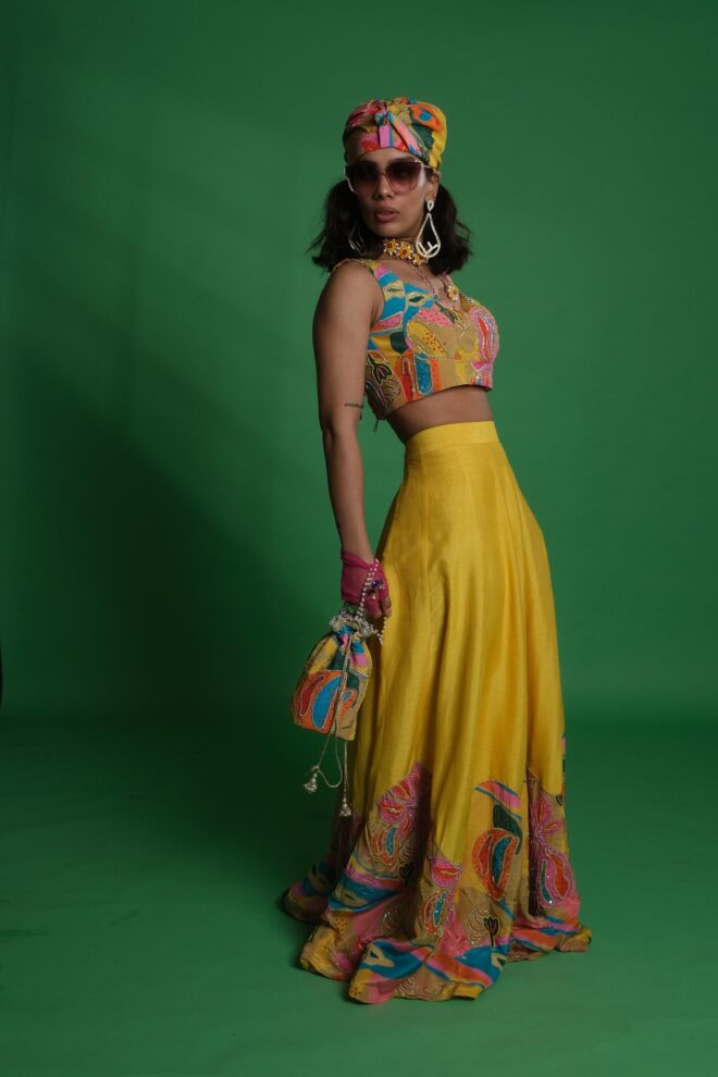 Yellow Lehenga Set with Croissant Embroidered Blouse & Potli